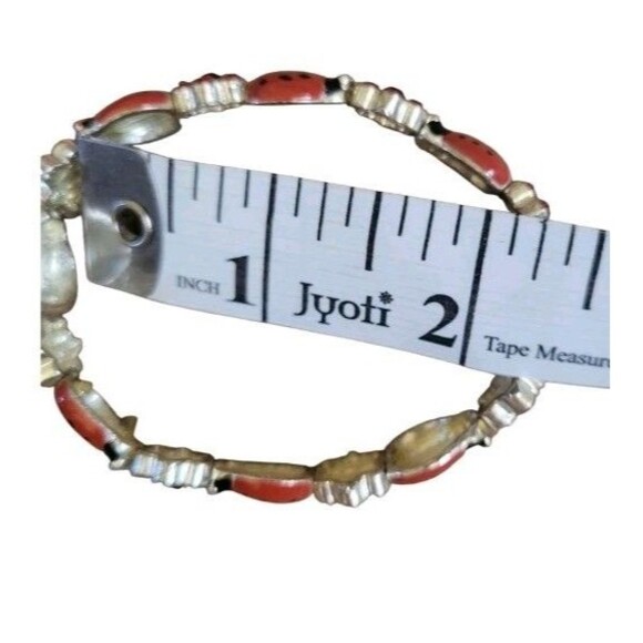 Y2K Red Enamel Ladybug Bracelet Silver Tone Rhinestone Flower Charm Stretch 7” - Picture 7 of 7